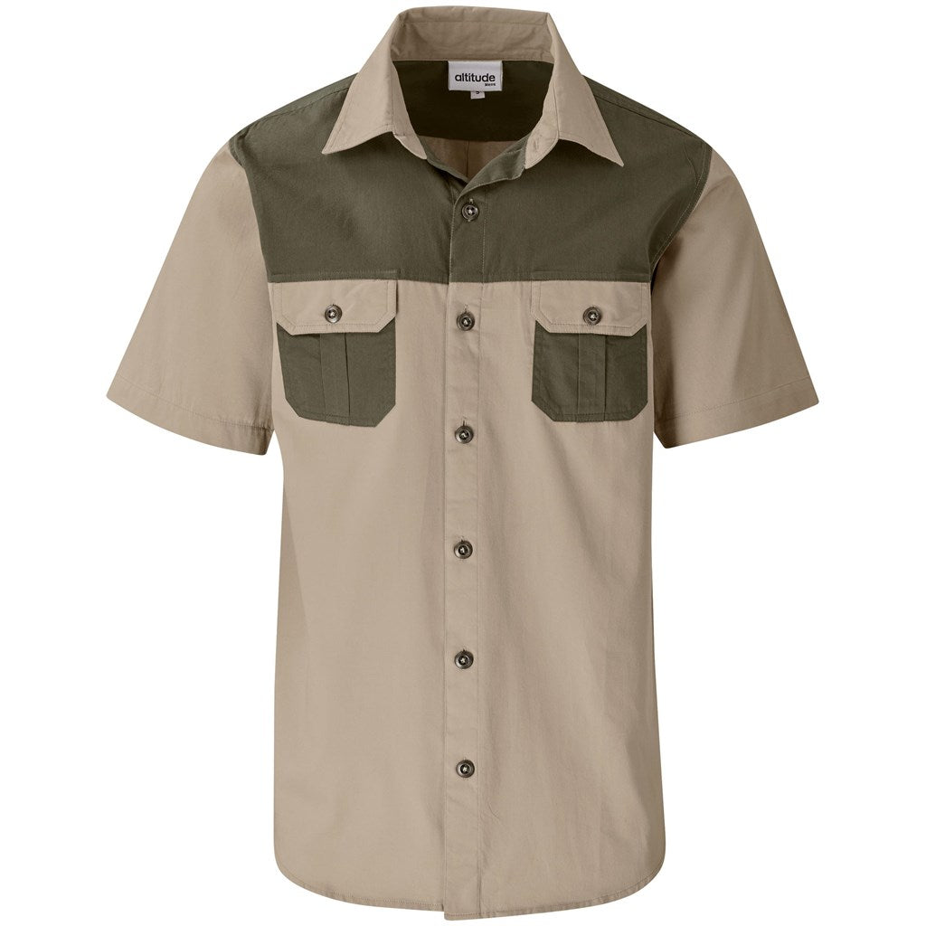 Mens Short Sleeve Serengeti 2-Tone Bush Shirt - Stone Military Green