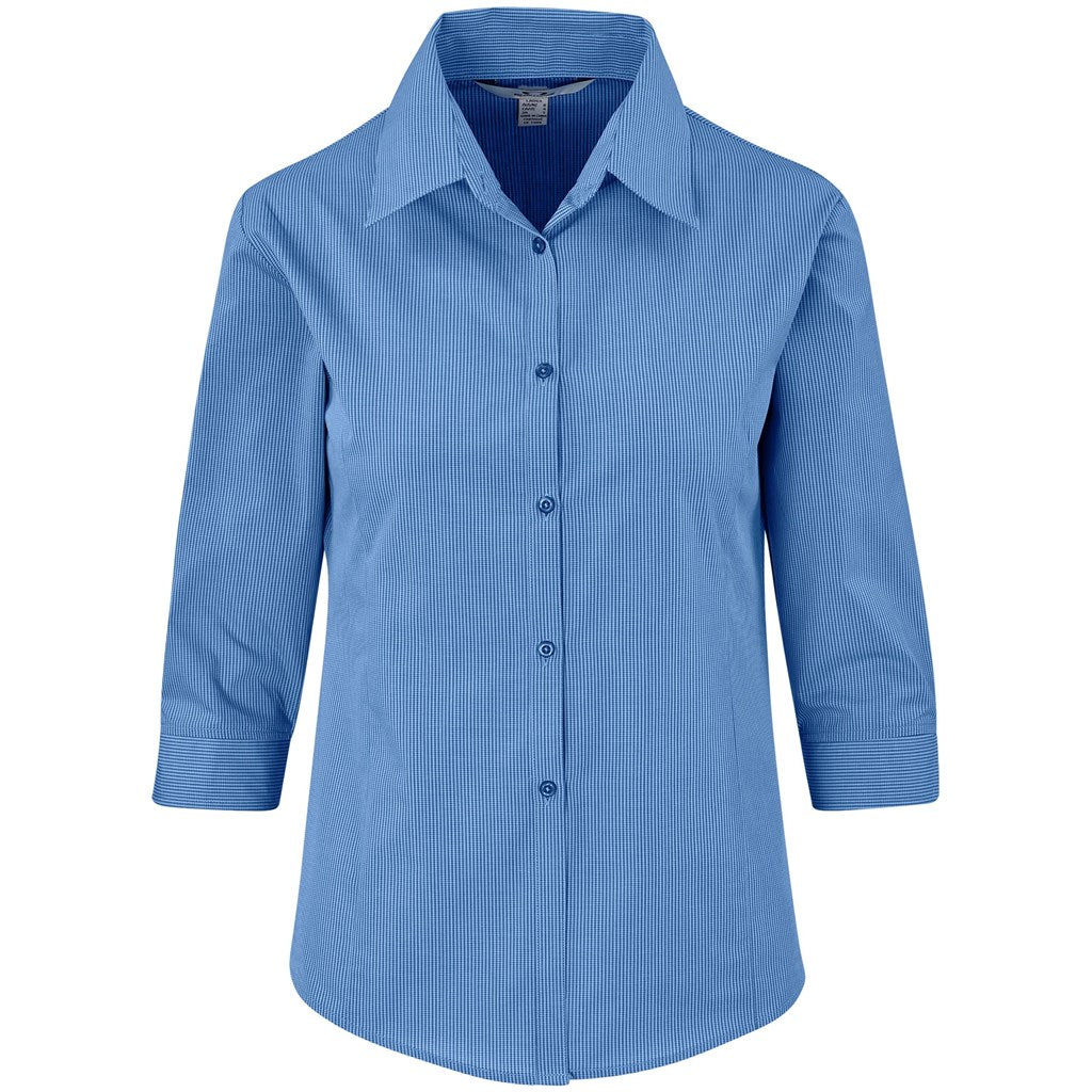Ladies 3/4 Sleeve Micro Check Shirt - Blue