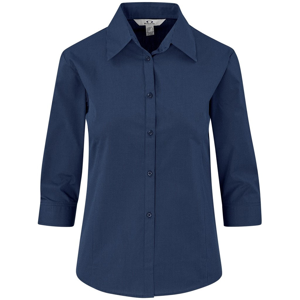 Ladies 3/4 Sleeve Micro Check Shirt - Navy